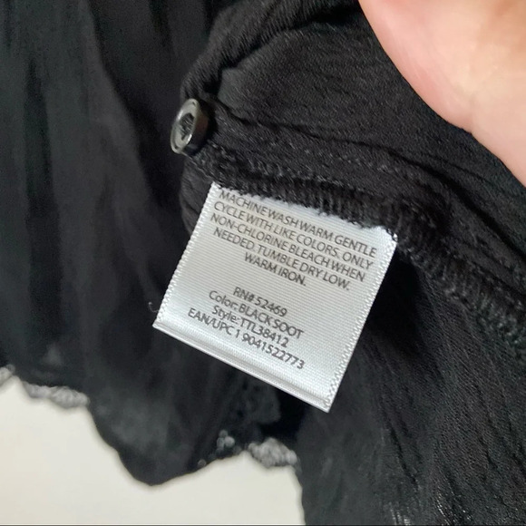 Embroidered Gauzy Blouse Small (4/6) Black High Neck Ruffle Lace Trim Boho Top - Picture 6 of 10